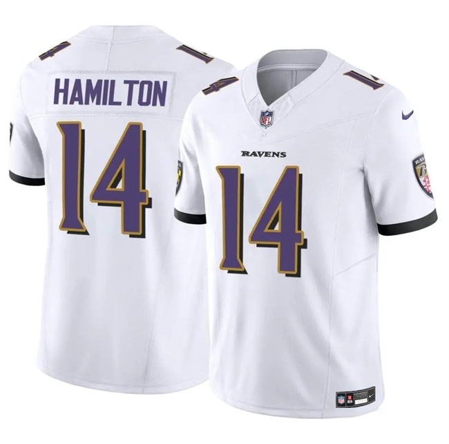 Men's Baltimore Ravens #14 Kyle Hamilton White 2025 F.U.S.E Vapor Stitched Jersey Men's Baltimore Ravens #14 Kyle Hamilton White 2025 F.U.S.E Vapor Stitched Jersey