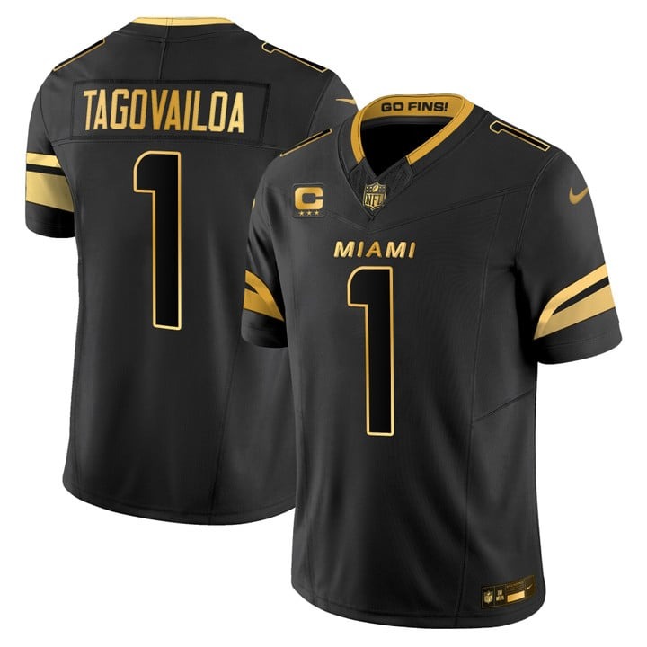 Men's Miami Dolphins #1 Tua Tagovailoa Black Gold 2025 Nike Rivalries Vapor Limited Stitched Jersey