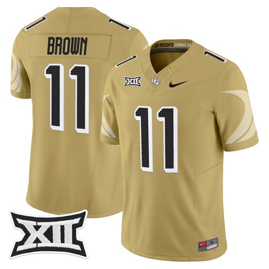 Men's UCF Knights #11 Jacurri Brown Gold 2025 Vapor Limited Stitched Football Jersey