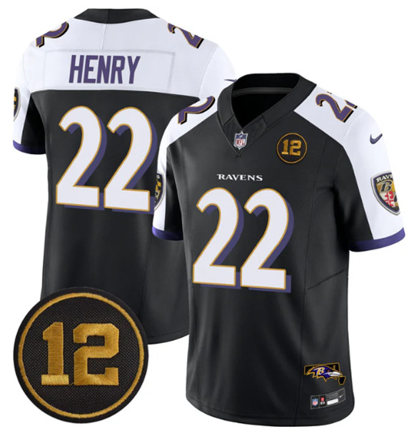 Men's Baltimore Ravens #22 Derrick Henry Black Alternate 2025 F.U.S.E. Jacoby Jones Patch Vapor Limited Football Jersey