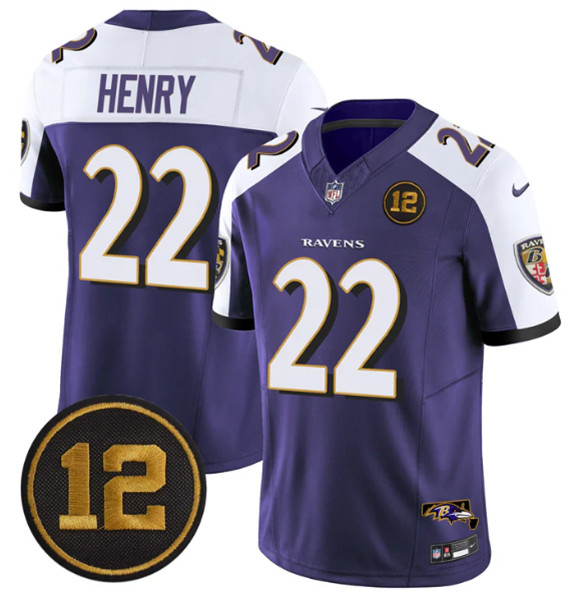 Men's Baltimore Ravens #22 Derrick Henry Purple Alternate 2025 F.U.S.E. Jacoby Jones Patch Vapor Limited Football Jersey