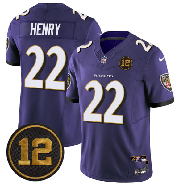Men's Baltimore Ravens #22 Derrick Henry Purple 2025 F.U.S.E. Jacoby Jones Patch Vapor Limited Football Jersey