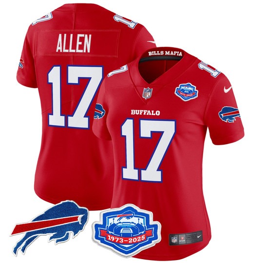 Women's Buffalo Bills #17 Josh Allen Red Rivalries Farewell Season Patch 2025 Vapor Limited Stitched Jersey