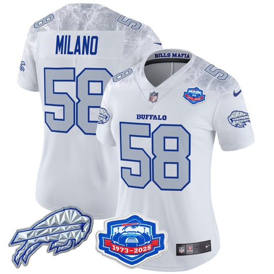 Women's Buffalo Bills #58 Matt Milano White Rivalries Farewell Season Patch 2025 Limited Stitched Jersey
