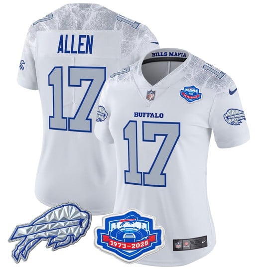 Women's Buffalo Bills #17 Josh Allen White Rivalries Farewell Season Patch 2025 Limited Stitched Jersey