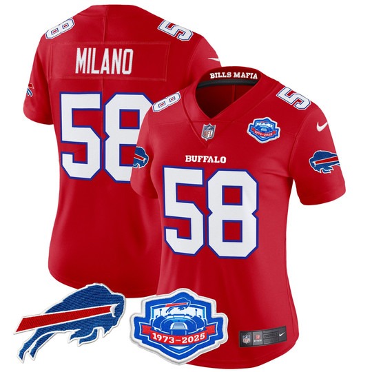 Women's Buffalo Bills #58 Matt Milano Red Rivalries Farewell Season Patch 2025 Vapor Limited Stitched Jersey