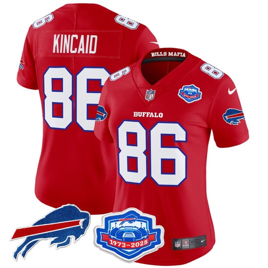 Women's Buffalo Bills #86 Dalton Kincaid Red Rivalries Farewell Season Patch 2025 Vapor Limited Stitched Jersey