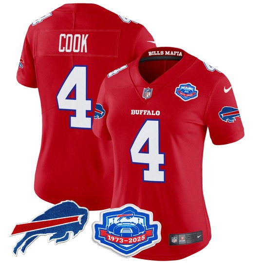Women's Buffalo Bills #4 James Cook Red Rivalries Farewell Season Patch 2025 Vapor Limited Stitched Jersey