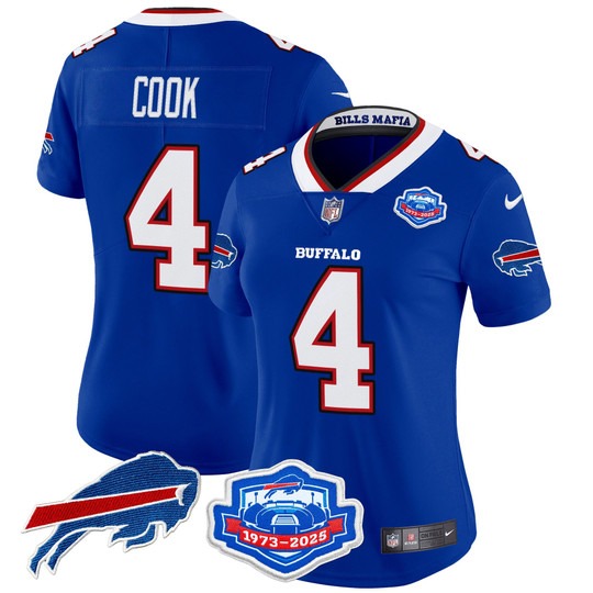 Women's Buffalo Bills #4 James Cook Royal Rivalries Farewell Season Patch 2025 Vapor Limited Stitched Jersey