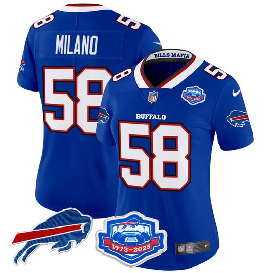 Women's Buffalo Bills #58 Matt Milano Royal Rivalries Farewell Season Patch 2025 Vapor Limited Stitched Jersey