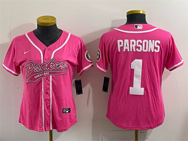 Youth Green Bay Packers #1 Micah Parsons Pink With Patch Cool Base Stitched Baseball Jersey