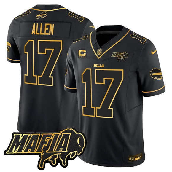 Men's Buffalo Bills #17 Josh Allen Black Gold 2025 F.U.S.E. With Bills Mafia Patch & 4-Star C Patch Vapor Limited Stitched Football Jersey