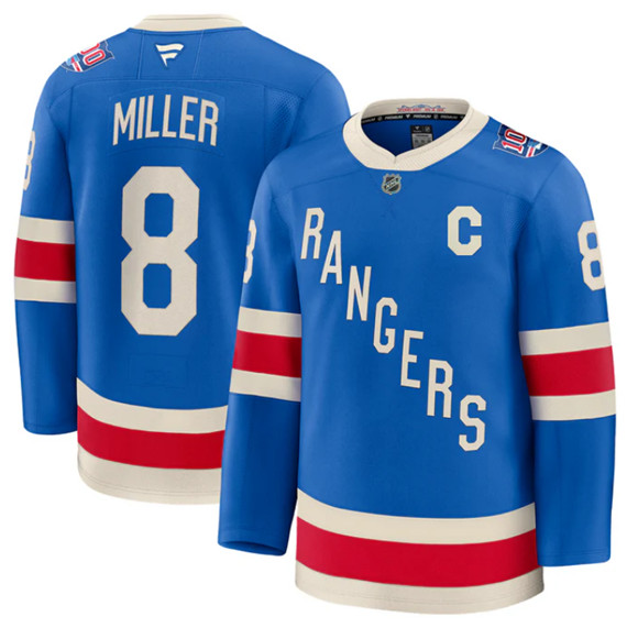 Men's New York Rangers #8 J.T. Miller Blue Centennial With C Patch Stitched Hockey Jersey