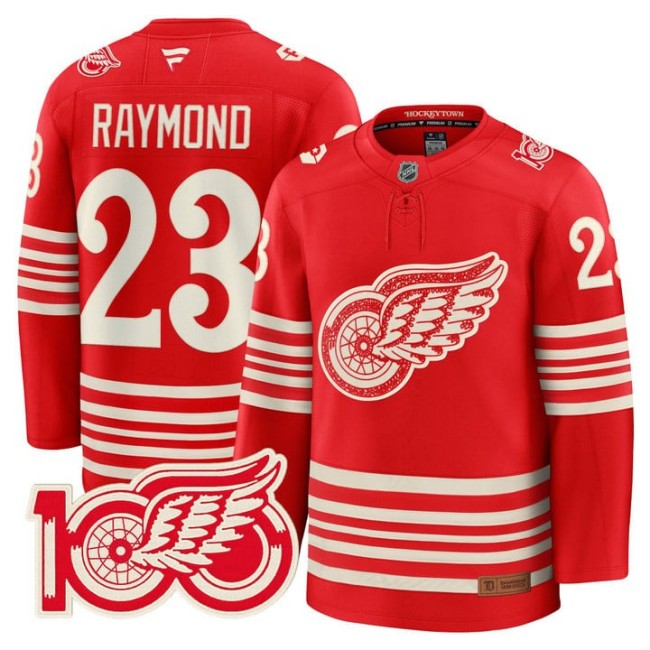 Men's Detroit Red Wings #23 Lucas Raymond Red 2025 Centennial Premium With 100 Patch Stitched Hockey Jersey