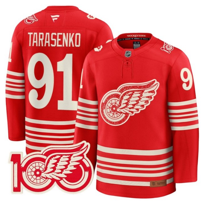 Men's Detroit Red Wings #91 Vladimir Tarasenko Red 2025 Centennial Premium With 100 Patch Stitched Hockey Jersey