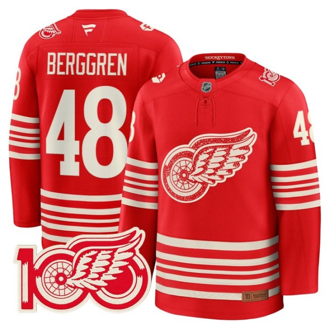 Men's Detroit Red Wings #48 Jonatan Berggren Red 2025 Centennial Premium With 100 Patch Stitched Hockey Jersey