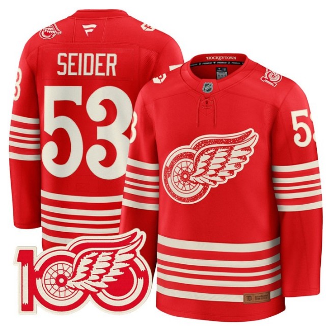 Men's Detroit Red Wings #53 Moritz Seider Red 2025 Centennial Premium With 100 Patch Stitched Hockey Jersey