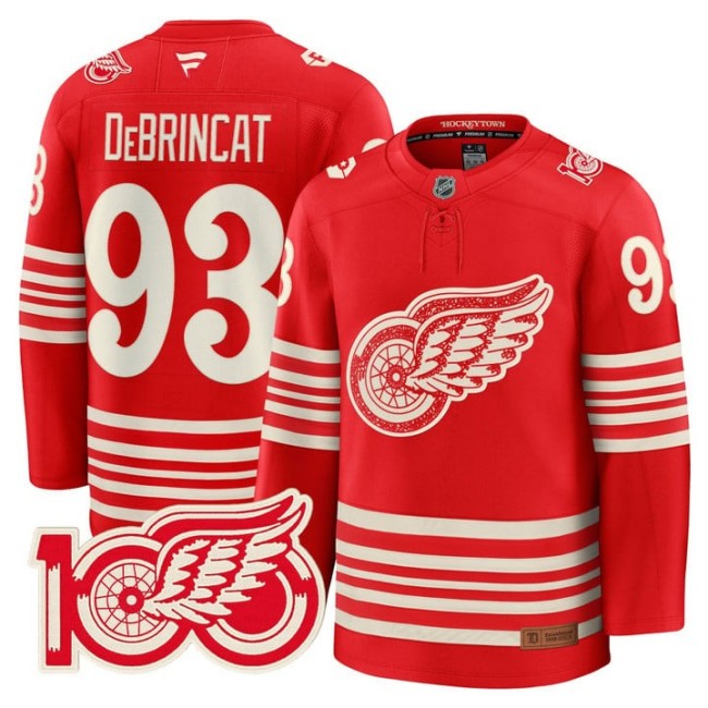 Men's Detroit Red Wings #93 Alex DeBrincat Red 2025 Centennial Premium With 100 Patch Stitched Hockey Jersey