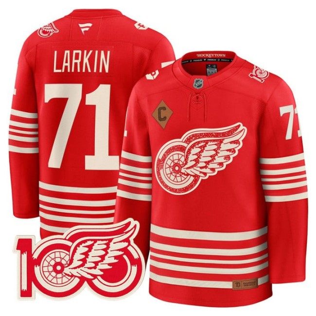 Men's Detroit Red Wings #71 Dylan Larkin Red 2025 Centennial Premium With 100 Patch Stitched Hockey Jersey
