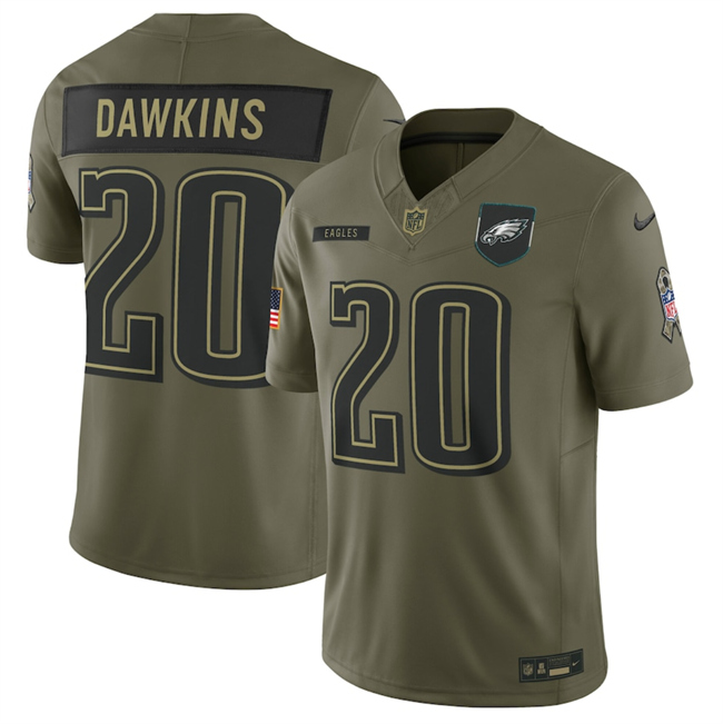 Men's Philadelphia Eagles #20 Brian Dawkins Olive 2025 Salute to Service Limited Stitched Football Jersey