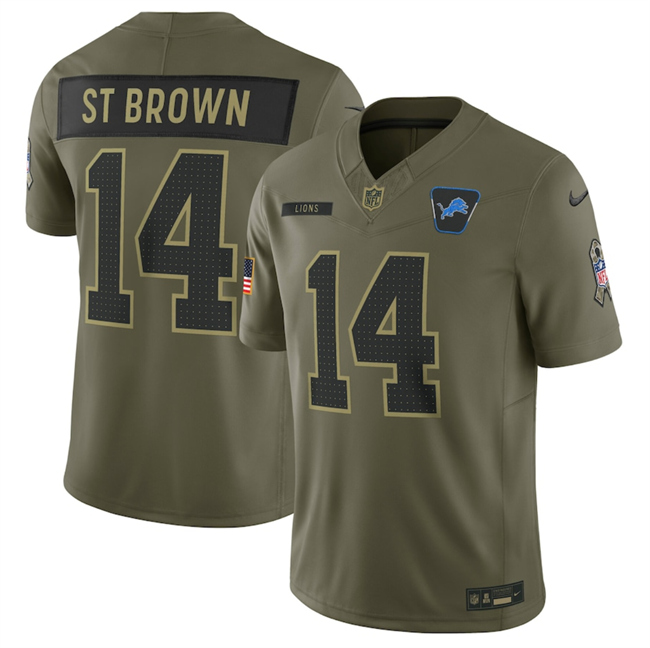 Men's Detroit Lions #14 Amon-Ra St. Brown Olive 2025 Salute to Service Limited Stitched Football Jersey Men's Detroit Lions #14 Amon-Ra St. Brown Olive 2025 Salute to Service Limited Stitched Football Jersey
