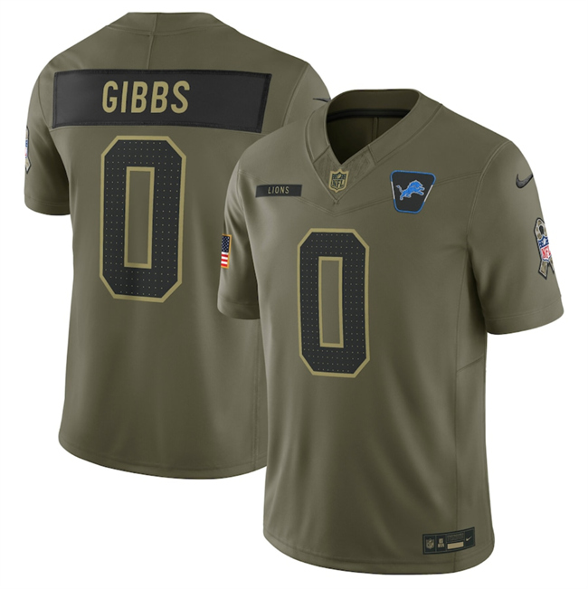 Men's Detroit Lions #0 Jahmyr Gibbs Olive 2025 Salute to Service Limited Stitched Football Jersey Men's Detroit Lions #0 Jahmyr Gibbs Olive 2025 Salute to Service Limited Stitched Football Jersey