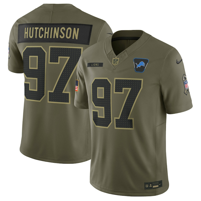 Men's Detroit Lions #97 Aidan Hutchinson Olive 2025 Salute to Service Limited Stitched Football Jersey Men's Detroit Lions #97 Aidan Hutchinson Olive 2025 Salute to Service Limited Stitched Football Jersey