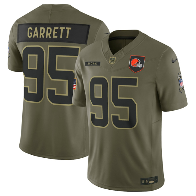 Men's Cleveland Browns #95 Myles Garrett Olive 2025 Salute to Service Limited Stitched Football Jersey Men's Cleveland Browns #95 Myles Garrett Olive 2025 Salute to Service Limited Stitched Football Jersey