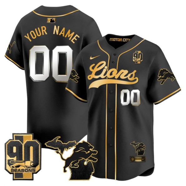 Men's Detroit Lions Custom Black Gold Nike Limited Stitched Baseball Jersey - Michigan State & 90th Season Patch