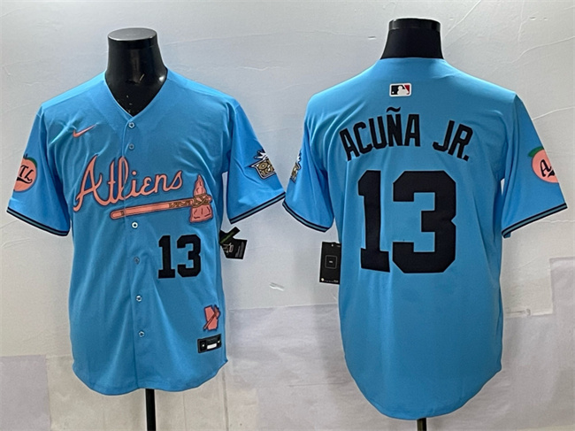 Men's Atlanta Braves Active Player Custom Blue 2024 Atliens & Peach With Outkast Patch Vapor Limited Stitched Baseball Jersey