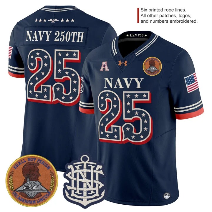 Men's Navy Midshipmen #25 Navy 250th Navy 1776-2026 America F.U.S.E. Vapor Limited Stitched Jersey