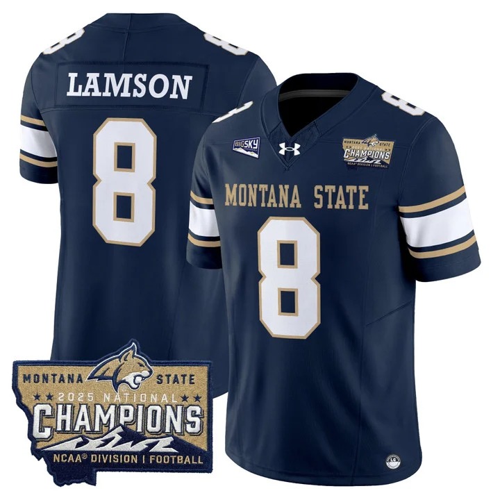 Men's Montana State Bobcats #8 Justin Lamson Navy 2025 National Champions F.U.S.E. Vapor Limited Stitched Jersey