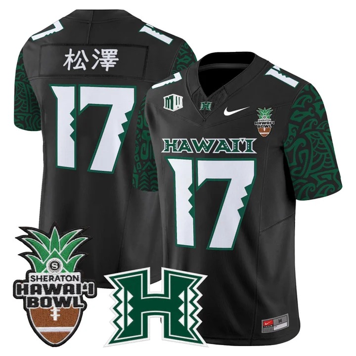 Men's Hawaii Rainbow Warriors #17 松澤 Black Limited Hawaii Bowl Patch 2025 Hawaii Pattern Vapor Limited Stitched Jersey