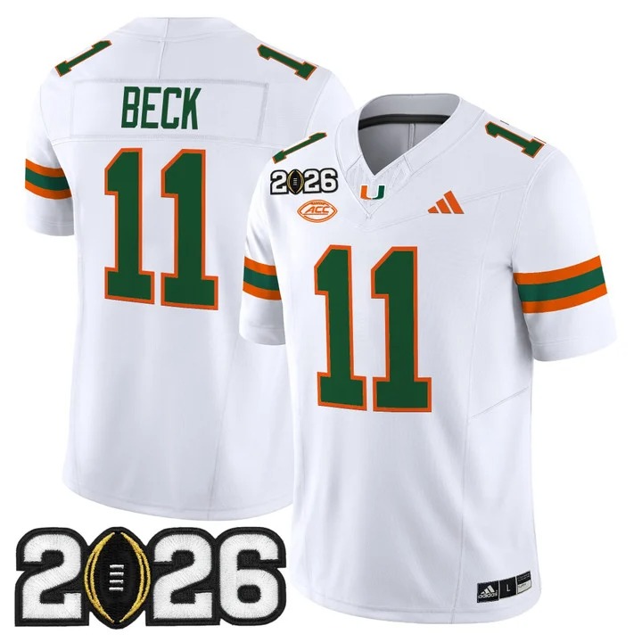 Men's Miami Hurricanes #11 Carson Beck White 2026 CFP Final Patch F.U.S.E. Vapor Limited Stitched Jersey