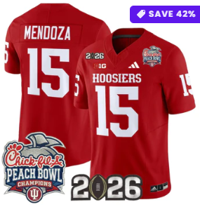 Men's Indiana Hoosiers #15 Fernando Mendoza Crimson Peach Bowl Champions & 2026 CFP Finals Patch F.U.S.E. Vapor Limited V1 Stitched Jersey