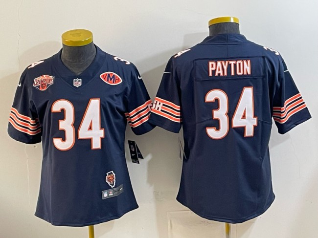 Women's Chicago Bears #34 Walter Payton Navy 2025 NFC North Division Champions & Illinois & VMH Patch Vapor Limited Stitched Jersey(Run Small)