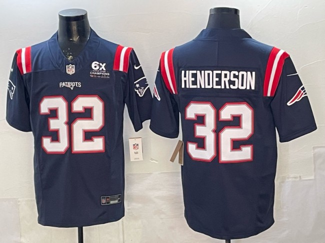 Men's New England Patriots #32 TreVeyon Henderson Navy 6-Time Champions Patch F.U.S.E. Vapor Limited Stitched Jerseys
