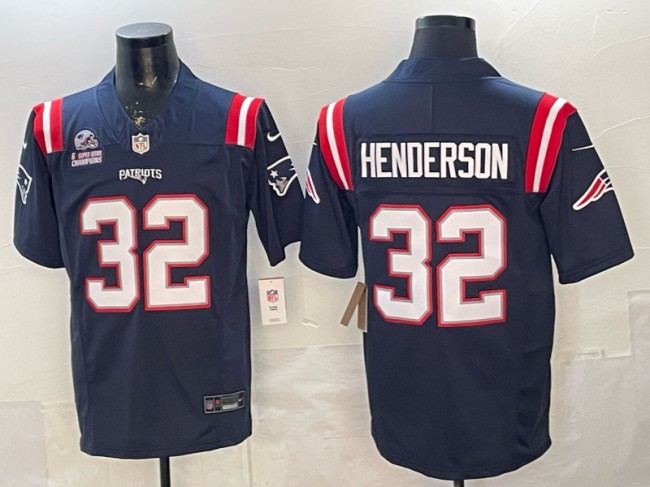 Men's New England Patriots #32 TreVeyon Henderson Navy 6-Time Champions Patch F.U.S.E. Vapor Limited Stitched Jersey