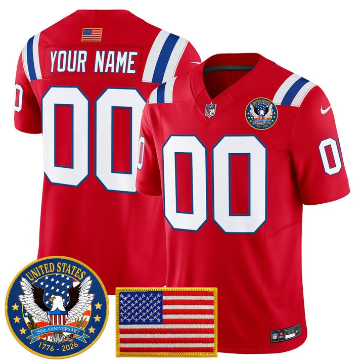 Men's New England Patriots Custom Red United States 250th Anniversary Patch F.U.S.E. Vapor Limited Stitched Jersey