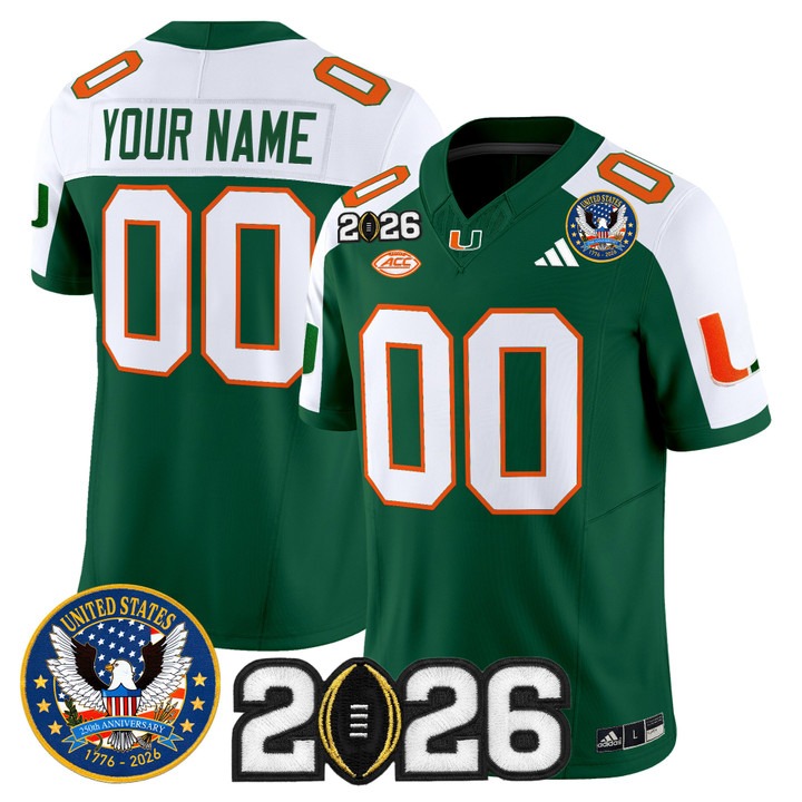 Men's Miami Hurricanes Custom Green Alternate United States 250th Anniversary & 2026 CFP Final Patch F.U.S.E. Vapor Limited Stitched Jersey