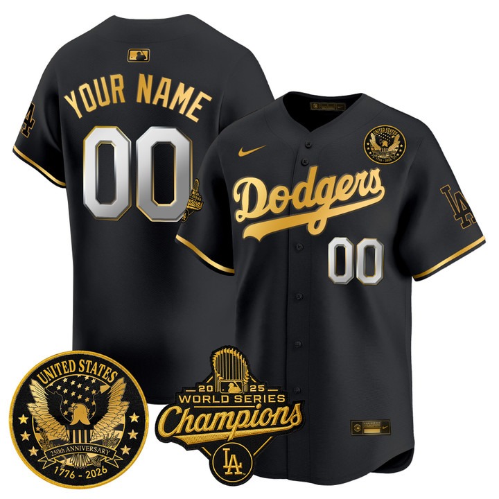 Men's Los Angeles Dodgers Custom Black Gold 2025 World Series Champions & America 250th Patch Gold Trim Limited Stitched Jersey