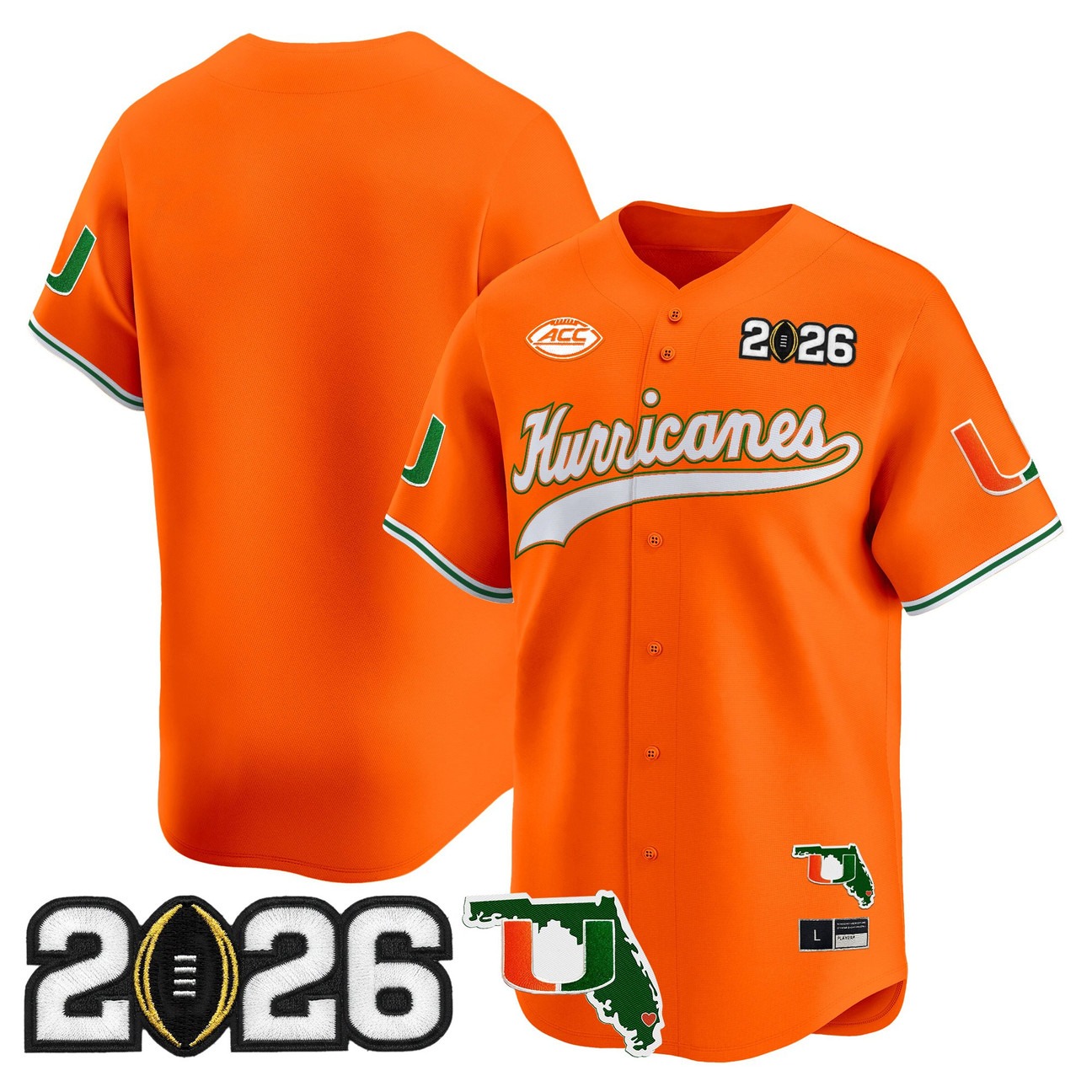Men's Miami Hurricanes Baseball Blank Orange 2026 CFP Final & Florida Patch Limited Stitched Jersey