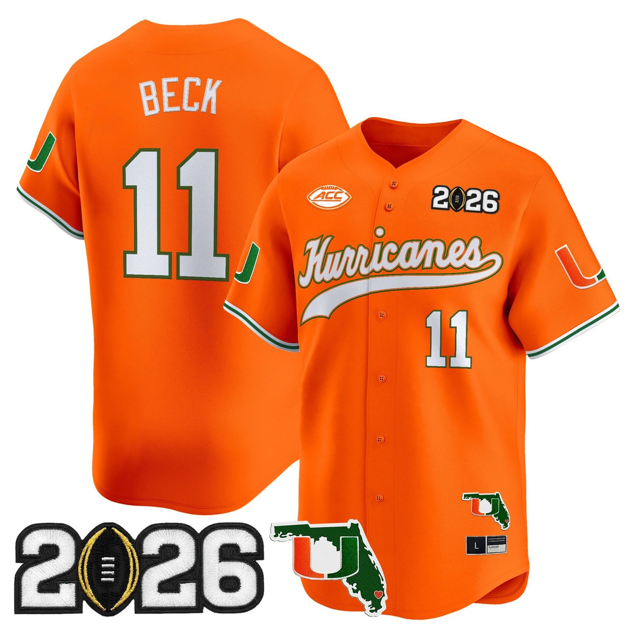 Men's Miami Hurricanes Baseball #11 Carson Beck Orange 2026 CFP Final & Florida Patch Limited Stitched Jersey