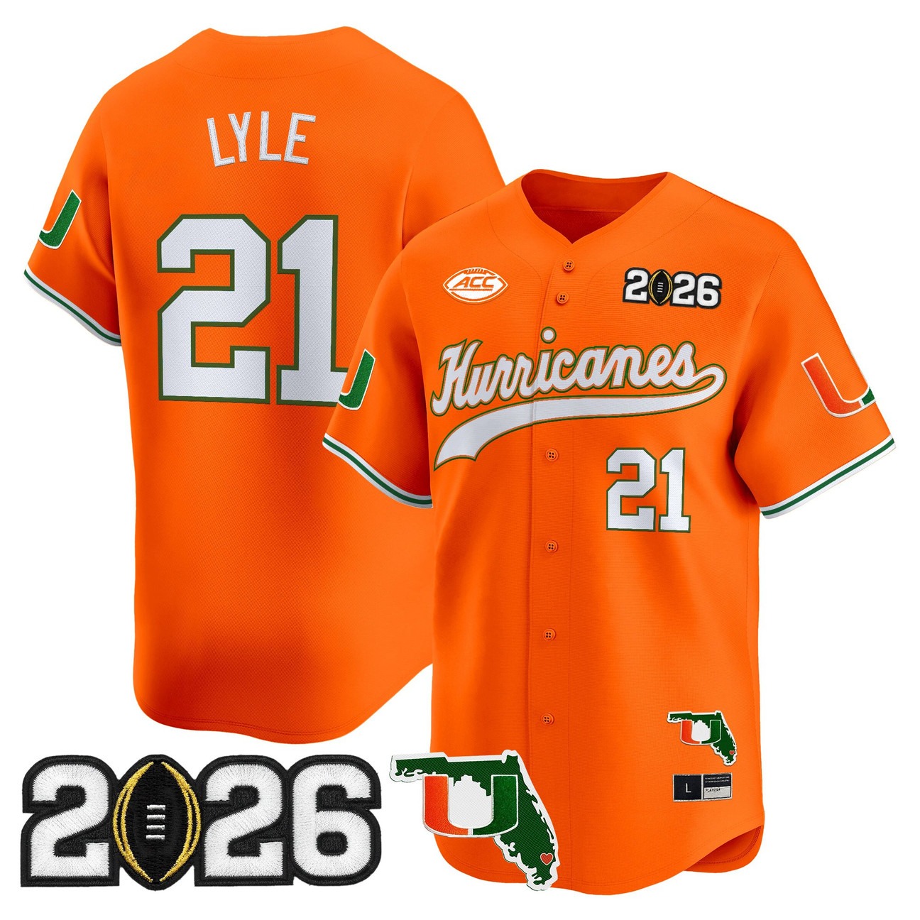 Men's Miami Hurricanes Baseball #21 Jordan Lyle Orange 2026 CFP Final & Florida Patch Limited Stitched Jersey