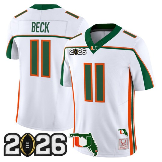 Men's Miami Hurricanes #11 Carson Beck White Throwback 2026 CFP Final & Florida Patch F.U.S.E. Vapor Limited Stitched Jersey