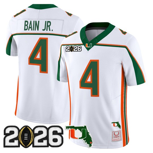 Men's Miami Hurricanes #4 Rueben Bain Jr. White Throwback 2026 CFP Final & Florida Patch F.U.S.E. Vapor Limited Stitched Jersey