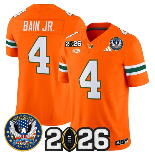 Men's Miami Hurricanes #4 Rueben Bain Jr. Orange United States 250th Anniversary & 2026 CFP Final Patch F.U.S.E. Vapor Limited Stitched Jersey