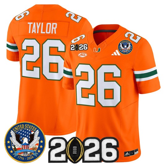 Men's Miami Hurricanes #26 Sean Taylor Orange United States 250th Anniversary & 2026 CFP Final Patch F.U.S.E. Vapor Limited Stitched Jersey