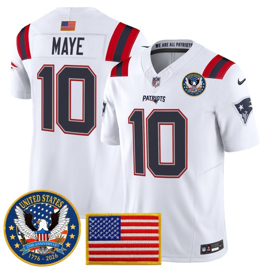Men's New England Patriots #10 Drake Maye White United States 250th Anniversary Patch F.U.S.E. Vapor Limited Stitched Jersey