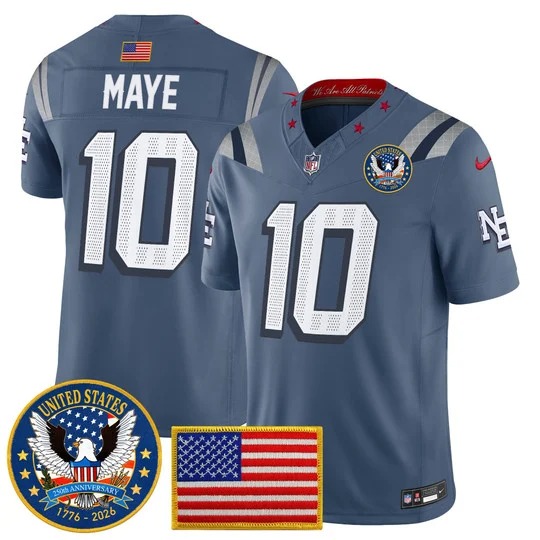 Men's New England Patriots #10 Drake Maye Storm Blue Rivalries United States 250th Anniversary Patch F.U.S.E. Vapor Limited Stitched Jersey